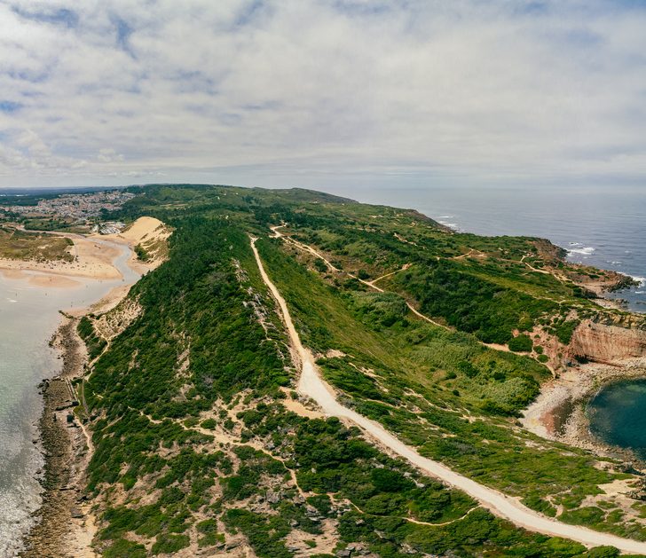 Aerial view over the village and bay of São Martinho do Porto, west Portugal